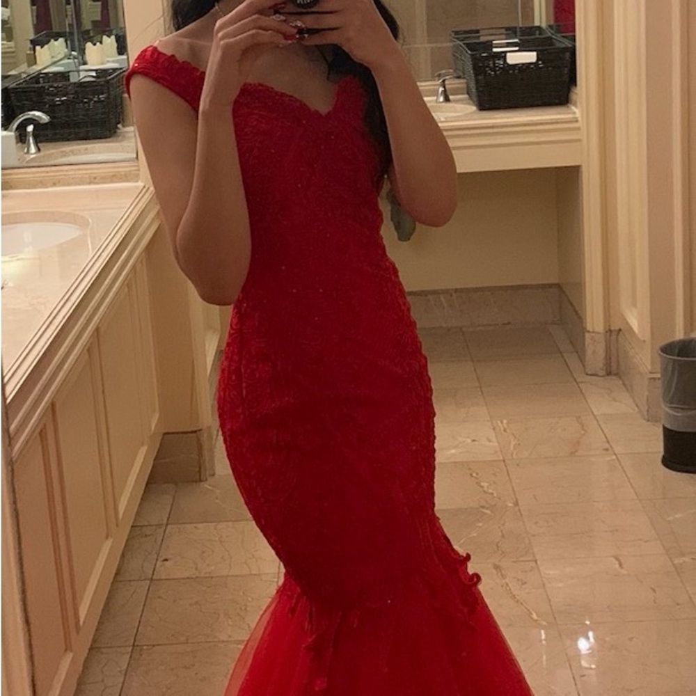 Camille La Vie Red Off-Shoulder Lace Mermaid Maxi Dress